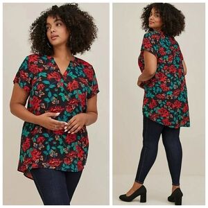 Torrid Georgette Black Red Floral V-neck Hi Lo Tunic Blouse